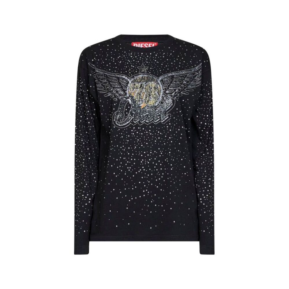 Diesel Women Black Jersey Rhinestone-Embellished Printed T-Edro-Crt-Ls-C T-Shirt